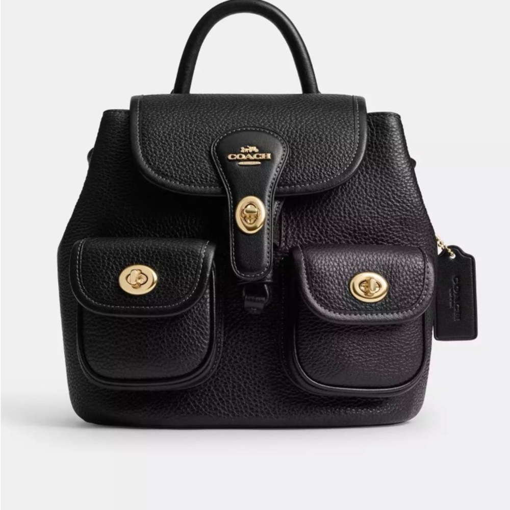 Coach Black Pebbled Leather Backpack with Gold Accents